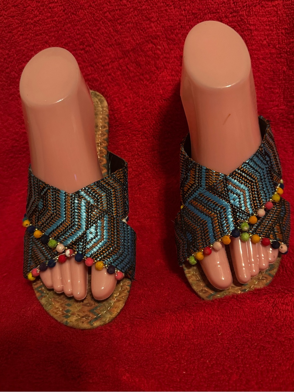 Muk Luks Sz 8 Blue Beaded Cross-Strap Women’s Slide Sandals GUC😊😊